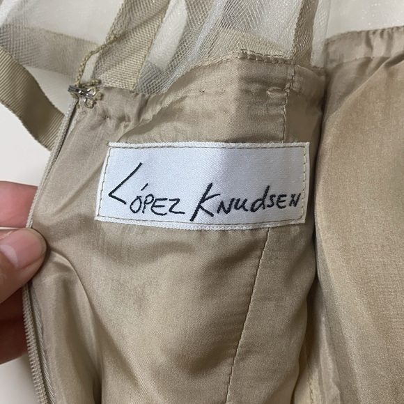 LÓPEZ KNUDSEN | Vintage Lace Crochet Mesh Ribbon Metallic Midi Cocktail Dress - Picture 15 of 17